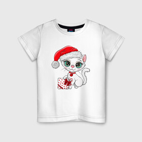 Детская футболка хлопок с принтом Милая новогодняя кошечка в Кировске, 100% хлопок | круглый вырез горловины, полуприлегающий силуэт, длина до линии бедер | 2022 | кот | кошечка | кошка | новый год | новый год 2022