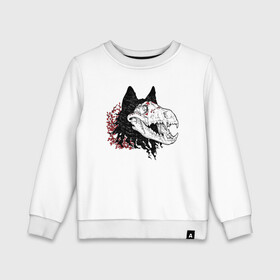 Детский свитшот хлопок с принтом Fashionable avant garde wolf в Кировске, 100% хлопок | круглый вырез горловины, эластичные манжеты, пояс и воротник | Тематика изображения на принте: bones | fangs | fashion | flowers | hype | jaw | skull | teeth | vanguard | wolf | авангард | волк | зубы | клыки | мода | пасть | хайп | цветы | череп