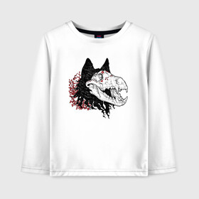 Детский лонгслив хлопок с принтом Fashionable avant garde wolf в Кировске, 100% хлопок | круглый вырез горловины, полуприлегающий силуэт, длина до линии бедер | Тематика изображения на принте: bones | fangs | fashion | flowers | hype | jaw | skull | teeth | vanguard | wolf | авангард | волк | зубы | клыки | мода | пасть | хайп | цветы | череп