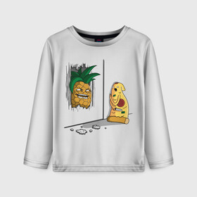Детский лонгслив 3D с принтом HERES PINEAPPLE в Кировске, 100% полиэстер | длинные рукава, круглый вырез горловины, полуприлегающий силуэт
 | here | is | johnny | mem | meme | memes | pineapple | pizza | shining | ананас | джонни | мем | мемы | пица | пицца | сияние | это