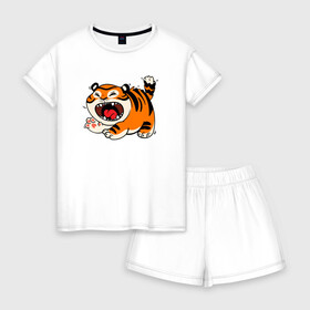 Женская пижама с шортиками хлопок с принтом Злой рычащий тигр в Кировске, 100% хлопок | футболка прямого кроя, шорты свободные с широкой мягкой резинкой | 2022 | год тигра | новый год | новый год 2022 | символ года | тигр | тигренок | тигрица | тигры