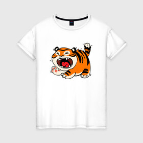 Женская футболка хлопок с принтом Злой рычащий тигр в Кировске, 100% хлопок | прямой крой, круглый вырез горловины, длина до линии бедер, слегка спущенное плечо | 2022 | год тигра | новый год | новый год 2022 | символ года | тигр | тигренок | тигрица | тигры