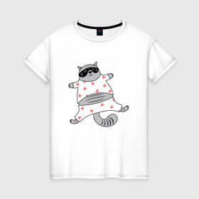Женская футболка хлопок с принтом кот в пижаме в Кировске, 100% хлопок | прямой крой, круглый вырез горловины, длина до линии бедер, слегка спущенное плечо | cat | love cat | котик | кото пижама | котэ | ночь | пижама | сердечки | сон