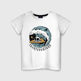 Детская футболка хлопок с принтом Fuerteventura   surfing в Кировске, 100% хлопок | круглый вырез горловины, полуприлегающий силуэт, длина до линии бедер | Тематика изображения на принте: fin | furteventura | hype | shark | skull | summer | surfing | wave | акула | волна | лето | плавник | сёрфинг | фуэртевентура | хайп | череп