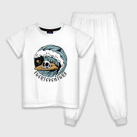 Детская пижама хлопок с принтом Fuerteventura - surfing в Кировске, 100% хлопок |  брюки и футболка прямого кроя, без карманов, на брюках мягкая резинка на поясе и по низу штанин
 | Тематика изображения на принте: fin | furteventura | hype | shark | skull | summer | surfing | wave | акула | волна | лето | плавник | сёрфинг | фуэртевентура | хайп | череп