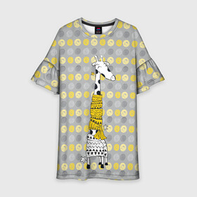 Детское платье 3D с принтом Милая жирафа в шарфе в Кировске, 100% полиэстер | прямой силуэт, чуть расширенный к низу. Круглая горловина, на рукавах — воланы | Тематика изображения на принте: высокий | графика | длинная шея | животное | жираф | кружочки