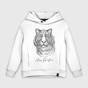 Детское худи Oversize хлопок с принтом Happy Tiger Year! в Кировске, френч-терри — 70% хлопок, 30% полиэстер. Мягкий теплый начес внутри —100% хлопок | боковые карманы, эластичные манжеты и нижняя кромка, капюшон на магнитной кнопке | Тематика изображения на принте: ears | eyes | holiday | muzzle | new year | skin | tiger | view | глаза | новый год | праздник | тигр | уши