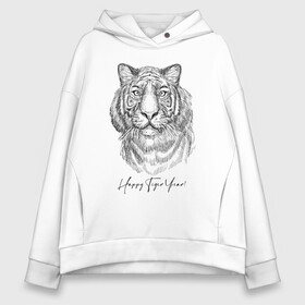 Женское худи Oversize хлопок с принтом Happy Tiger Year! в Кировске, френч-терри — 70% хлопок, 30% полиэстер. Мягкий теплый начес внутри —100% хлопок | боковые карманы, эластичные манжеты и нижняя кромка, капюшон на магнитной кнопке | ears | eyes | holiday | muzzle | new year | skin | tiger | view | глаза | новый год | праздник | тигр | уши