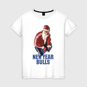 Женская футболка хлопок с принтом Новогодний бык) в Кировске, 100% хлопок | прямой крой, круглый вырез горловины, длина до линии бедер, слегка спущенное плечо | bull | humor | joke | new year | santa claus | бык | дед мороз | новый год | шутка | юмор