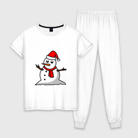 Женская пижама хлопок с принтом Двухсторонний снеговик в Кировске, 100% хлопок | брюки и футболка прямого кроя, без карманов, на брюках мягкая резинка на поясе и по низу штанин | snowman | большой снеговик | снеговик новогодний | снеговик с морковкой | снеговик с руками палками | снеговик с угольками глазками | снеговик спиной | снежная баба | снежный человек