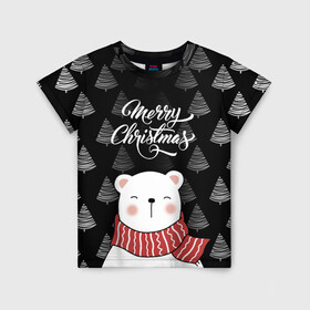 Детская футболка 3D с принтом MERRY CHRISTMAS BEARS в Кировске, 100% гипоаллергенный полиэфир | прямой крой, круглый вырез горловины, длина до линии бедер, чуть спущенное плечо, ткань немного тянется | 2021 | 2022 | new year | деда мороза | зима | к нам приходит | как у всех | костюм | медвежонок | мишка | новогодний | новый год | праздник | рекомендации | рождество | снег | снежинки | снежок | узор | хочу