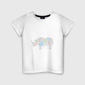 Детская футболка хлопок с принтом Волшебный носорог в Кировске, 100% хлопок | круглый вырез горловины, полуприлегающий силуэт, длина до линии бедер | Тематика изображения на принте: африка | волшебство | животное | животные | звери | зверь | мило | милота | носорог | пятна | пятнистый | разноцветный | сказка | экзотика