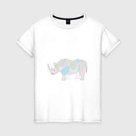 Женская футболка хлопок с принтом Волшебный носорог в Кировске, 100% хлопок | прямой крой, круглый вырез горловины, длина до линии бедер, слегка спущенное плечо | африка | волшебство | животное | животные | звери | зверь | мило | милота | носорог | пятна | пятнистый | разноцветный | сказка | экзотика
