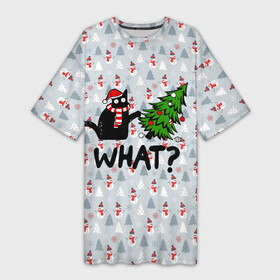 Платье-футболка 3D с принтом WHAT CAT  CHRISTMAS в Кировске,  |  | 2020 | 2021 | 2022 | cat | cats | christmas | merry | what | ват | кот | леденец | мяу | нг | новогодний | новый год | олени | рождество | свитер | узоры