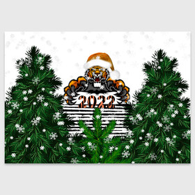 Поздравительная открытка с принтом Новогодний Тигр Среди Елок в Кировске, 100% бумага | плотность бумаги 280 г/м2, матовая, на обратной стороне линовка и место для марки
 | 2022 | black | cat | christmas | merry | new year | tiger | xmas | водяной | год тигра | елка | животные | кот | кошки | новый год | паттерн | полосатый | рождество | снег | снежинки | сосна | тигры | узор | цветы | черный