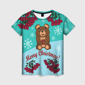 Женская футболка 3D с принтом Мишка и рождество в Кировске, 100% полиэфир ( синтетическое хлопкоподобное полотно) | прямой крой, круглый вырез горловины, длина до линии бедер | 2022 | merry christmas | ветки | год тигра | детский | животные | зима | зимний | лес | медведь | мишка | мультяшный | новогодний | новый год | подарок | праздничный | рождество | рябина | снег | снегопад