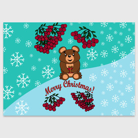 Поздравительная открытка с принтом Мишка и рождество в Кировске, 100% бумага | плотность бумаги 280 г/м2, матовая, на обратной стороне линовка и место для марки
 | Тематика изображения на принте: 2022 | merry christmas | ветки | год тигра | детский | животные | зима | зимний | лес | медведь | мишка | мультяшный | новогодний | новый год | подарок | праздничный | рождество | рябина | снег | снегопад