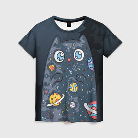 Женская футболка 3D с принтом Космический кот в планетах в Кировске, 100% полиэфир ( синтетическое хлопкоподобное полотно) | прямой крой, круглый вырез горловины, длина до линии бедер | животное | космический | космос | кот | кот марсианин | планеты