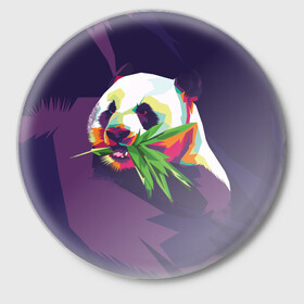 Значок с принтом Панда с бамбуком в Кировске,  металл | круглая форма, металлическая застежка в виде булавки | живопись | животное | медведь | панда | японский мишка