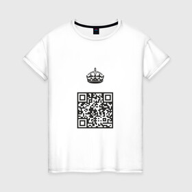 Женская футболка хлопок с принтом QR King в Кировске, 100% хлопок | прямой крой, круглый вырез горловины, длина до линии бедер, слегка спущенное плечо | coronavirus | covid | covid19 | qr code | qr код | sputnik | вакцина | вакцинация | вирус | здоровье | изоляция | иммунитет | карантин | ковид | код | корона | коронавирус | маркировка | маска | матрица | п | пандемия