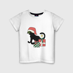 Детская футболка хлопок с принтом новогодний кот 2022 в Кировске, 100% хлопок | круглый вырез горловины, полуприлегающий силуэт, длина до линии бедер | дед мороз | ёлки | кот | котик | котэ | новый год | снегурка | черный кот