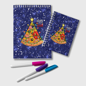 Блокнот с принтом Новогодняя Елка Пицца в Кировске, 100% бумага | 48 листов, плотность листов — 60 г/м2, плотность картонной обложки — 250 г/м2. Листы скреплены удобной пружинной спиралью. Цвет линий — светло-серый
 | Тематика изображения на принте: christmas | pizza | гирлянда | елка | ель | звезда | новый год | пицца | рождество