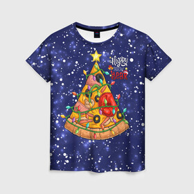 Женская футболка 3D с принтом Новогодняя Елка Пицца в Кировске, 100% полиэфир ( синтетическое хлопкоподобное полотно) | прямой крой, круглый вырез горловины, длина до линии бедер | Тематика изображения на принте: christmas | pizza | гирлянда | елка | ель | звезда | новый год | пицца | рождество