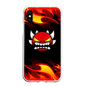 Чехол для iPhone XS Max матовый с принтом Geometry Dash Fire в Кировске, Силикон | Область печати: задняя сторона чехла, без боковых панелей | Тематика изображения на принте: 2d | arcade | demon | game | geometry dash | levels | meltdown | robtop | smile | аркада | геометрический тире | демон | раннер | смайлы | уровни | эмоции