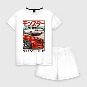 Женская пижама с шортиками хлопок с принтом Nissan Skyline | Ниссан Скайлайн в Кировске, 100% хлопок | футболка прямого кроя, шорты свободные с широкой мягкой резинкой | auto | car | japan | nissan | racing | retro | авто | гонки | машины | ниссан | ретро | скайлайн | тачки | япония