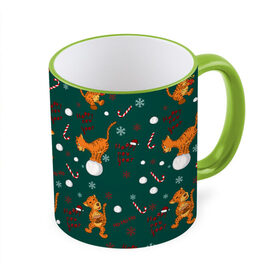 Кружка с полной запечаткой с принтом тигр и рождество в Кировске, керамика | ёмкость 330 мл | happy new year | merry christmas | год тигра | животные | звери | зеленый | зима | зимний принт | иллюстрация | кошка | красный | леденец | новогодний | оранжевый | подарок | полосатый | рождество | снег | снегопад