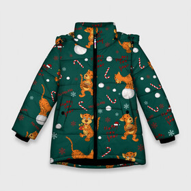 Зимняя куртка для девочек 3D с принтом тигр и рождество в Кировске, ткань верха — 100% полиэстер; подклад — 100% полиэстер, утеплитель — 100% полиэстер. | длина ниже бедра, удлиненная спинка, воротник стойка и отстегивающийся капюшон. Есть боковые карманы с листочкой на кнопках, утяжки по низу изделия и внутренний карман на молнии. 

Предусмотрены светоотражающий принт на спинке, радужный светоотражающий элемент на пуллере молнии и на резинке для утяжки. | happy new year | merry christmas | год тигра | животные | звери | зеленый | зима | зимний принт | иллюстрация | кошка | красный | леденец | новогодний | оранжевый | подарок | полосатый | рождество | снег | снегопад