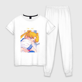 Женская пижама хлопок с принтом Sad Usagi | Sailor Moon в Кировске, 100% хлопок | брюки и футболка прямого кроя, без карманов, на брюках мягкая резинка на поясе и по низу штанин | Тематика изображения на принте: sailor moon | usagi tsukino | сейлор мун | усаги | усаги цукино