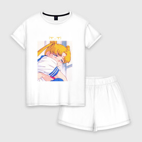 Женская пижама с шортиками хлопок с принтом Sad Usagi | Sailor Moon в Кировске, 100% хлопок | футболка прямого кроя, шорты свободные с широкой мягкой резинкой | Тематика изображения на принте: sailor moon | usagi tsukino | сейлор мун | усаги | усаги цукино