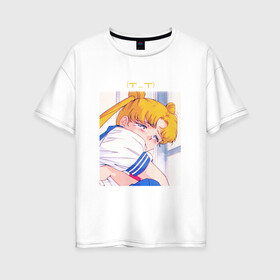 Женская футболка хлопок Oversize с принтом Sad Usagi | Sailor Moon в Кировске, 100% хлопок | свободный крой, круглый ворот, спущенный рукав, длина до линии бедер
 | Тематика изображения на принте: sailor moon | usagi tsukino | сейлор мун | усаги | усаги цукино