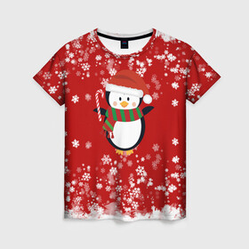Женская футболка 3D с принтом Пингвин в новогодней шапочке в Кировске, 100% полиэфир ( синтетическое хлопкоподобное полотно) | прямой крой, круглый вырез горловины, длина до линии бедер | 2021 | 2022 | happy new year 2022 | новогодний пингвин | новый год | новый год 2022 | пингвин | праздник | снежинки | снежный пингвин