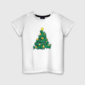 Детская футболка хлопок с принтом Christmas Tree Made Of Green Cats в Кировске, 100% хлопок | круглый вырез горловины, полуприлегающий силуэт, длина до линии бедер | cat | cats | christmas | decotarions | green | kittens | made | new | of | star | toys | tree | year | год | ёлка | звезда | игрушки | кот | коты | котята | кошки | новый | рождество
