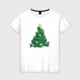Женская футболка хлопок с принтом Christmas Tree Made Of Green Cats в Кировске, 100% хлопок | прямой крой, круглый вырез горловины, длина до линии бедер, слегка спущенное плечо | cat | cats | christmas | decotarions | green | kittens | made | new | of | star | toys | tree | year | год | ёлка | звезда | игрушки | кот | коты | котята | кошки | новый | рождество