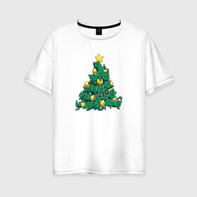 Женская футболка хлопок Oversize с принтом Christmas Tree Made Of Green Cats в Кировске, 100% хлопок | свободный крой, круглый ворот, спущенный рукав, длина до линии бедер
 | cat | cats | christmas | decotarions | green | kittens | made | new | of | star | toys | tree | year | год | ёлка | звезда | игрушки | кот | коты | котята | кошки | новый | рождество