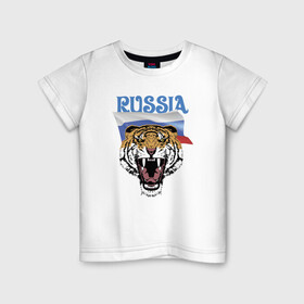 Детская футболка хлопок с принтом Уссурийский русский тигр в Кировске, 100% хлопок | круглый вырез горловины, полуприлегающий силуэт, длина до линии бедер | courage | fearlessness | flag | force | muzzle | paws | power | russia | tiger | бесстрашие | лапы | мощь | мужество | отвага | россия | сила | тигр | флаг