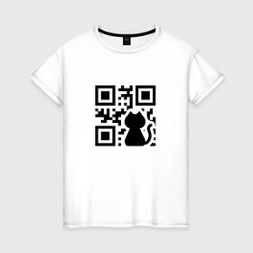 Женская футболка хлопок с принтом CAT QR CODE в Кировске, 100% хлопок | прямой крой, круглый вырез горловины, длина до линии бедер, слегка спущенное плечо | Тематика изображения на принте: cat | cats | meow | qr code | qr код | qrcode | qrкод | quick response code | кот | котик | котики | коты | кошка | кошки | куар | куар код | кью ар код | матричных штриховых кодов | мяу | штриховых кодов