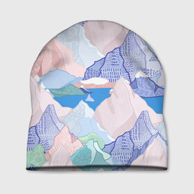 Шапка 3D с принтом Разноцветные горы и синяя река пейзаж в Кировске, 100% полиэстер | универсальный размер, печать по всей поверхности изделия | Тематика изображения на принте: волшебные горы | гора радужная | горный пейзаж | горный узор | горы | для гор | для трекинга | нежные горы | нежный орнамент | пастельный пейзаж | пастельный узор | пейзаж разноцветный | природа
