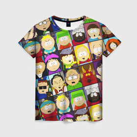 Женская футболка 3D с принтом SOUTH PARK   ЮЖНЫЙ ПАРК   УЗОР   PATTERN в Кировске, 100% полиэфир ( синтетическое хлопкоподобное полотно) | прямой крой, круглый вырез горловины, длина до линии бедер | eric cartman | park | pattern | south | south park | кайл | картман | картмен | кени | кеннет | кенни | они убили кени | парк | саус парк | сволочи | стэнли | узор | эрик | южный | южный парк