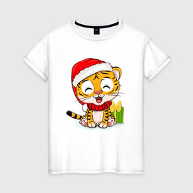 Женская футболка хлопок с принтом Тигренок с новогодними подарками New year в Кировске, 100% хлопок | прямой крой, круглый вырез горловины, длина до линии бедер, слегка спущенное плечо | 2022 | год тигра | новый год | новый год 2022 | символ года | тигр | тигренок | тигрица | тигры