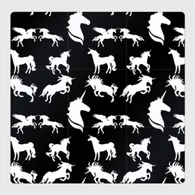 Магнитный плакат 3Х3 с принтом Белые единороги на черном фоне в Кировске, Полимерный материал с магнитным слоем | 9 деталей размером 9*9 см | единорог | животные | звери | узор | чернобелый