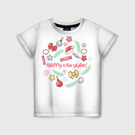 Детская футболка 3D с принтом Happy New Year * С Новым Годом * в Кировске, 100% гипоаллергенный полиэфир | прямой крой, круглый вырез горловины, длина до линии бедер, чуть спущенное плечо, ткань немного тянется | выходные | новый год | подарки | праздник | празднование | рожлество