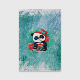 Обложка для паспорта матовая кожа с принтом Панда вяжет в Кировске, натуральная матовая кожа | размер 19,3 х 13,7 см; прозрачные пластиковые крепления | new year | арт | вязание | графика | зима | новый год | панда | рождество