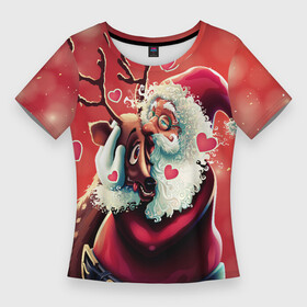 Женская футболка 3D Slim с принтом Santa and deer в Кировске,  |  | new year | арт | графика | дед мороз | зима | новый год | олень | рождество | санта