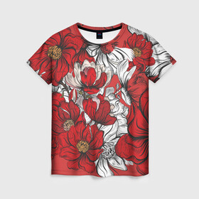 Женская футболка 3D с принтом Цветы на алом фоне в Кировске, 100% полиэфир ( синтетическое хлопкоподобное полотно) | прямой крой, круглый вырез горловины, длина до линии бедер | алый | графика | маки | настроение | нежное | цветы