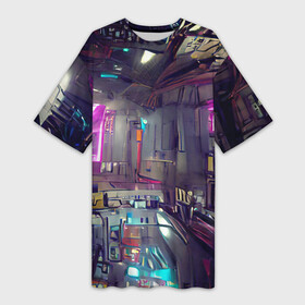 Платье-футболка 3D с принтом Городской киберпанк в Кировске,  |  | cyberpunk | cyberpunk 2077 | будущее | город | депрессивный | игра | кибер | киберпанк | неон | неоновый | тренд | фантастика | яркий