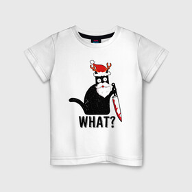 Детская футболка хлопок с принтом НОВОГОДНИЙ WHAT CAT в Кировске, 100% хлопок | круглый вырез горловины, полуприлегающий силуэт, длина до линии бедер | 2022 | cat | cats | christmas | cold | garland | klaus | mem | meme | memes | merry | new | santa | snow | what | winter | year | герлянды | гирлянда | год | зима | клаус | кот | котейка | котенок | котик | котэ | кошка | мем | мемы | мороз